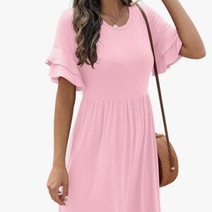 Pink Ruffle Sleeve Loose Fit Summer Knee Length Casual Dress